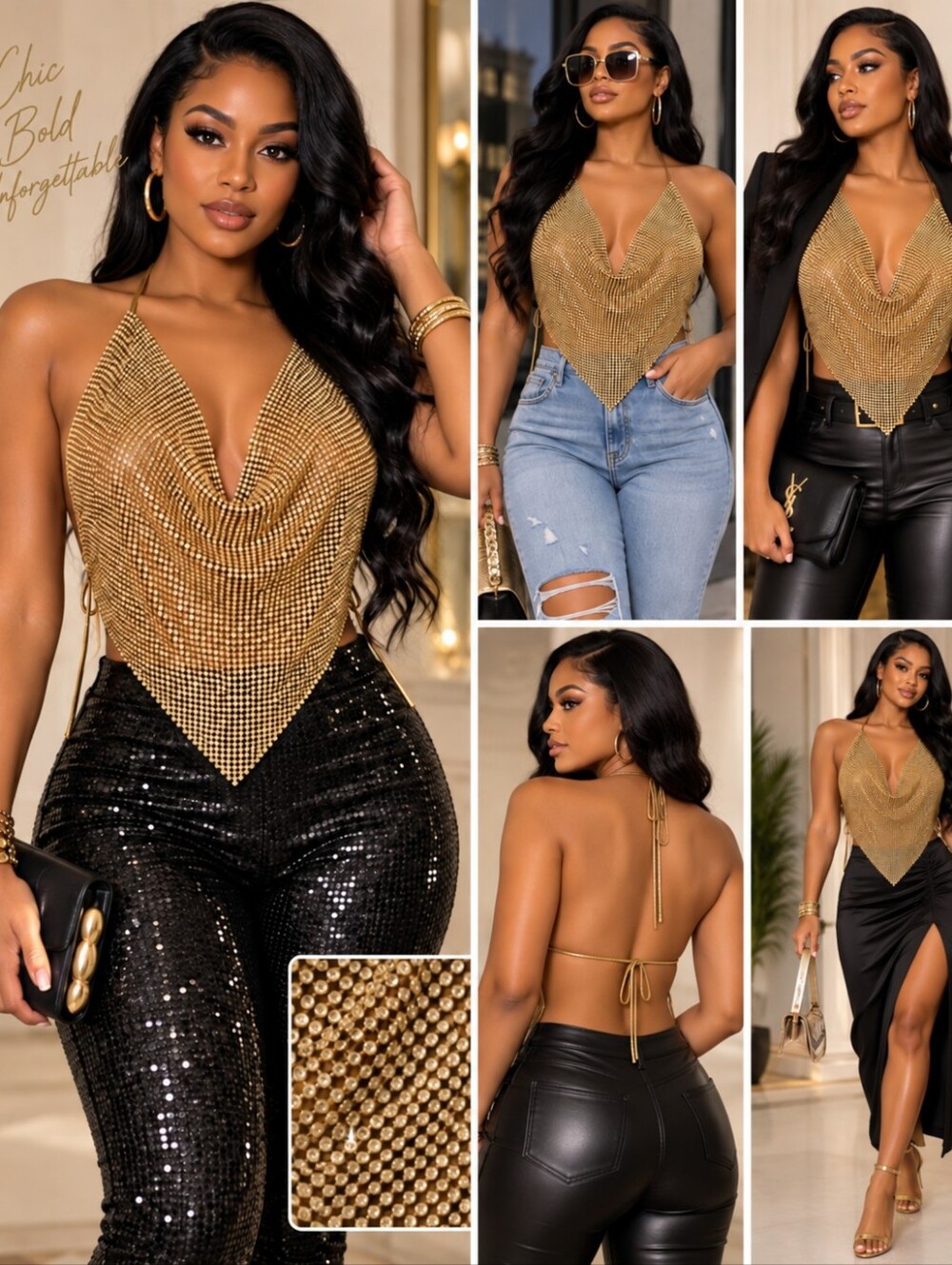 Better Be Gold Rhinestone Chainmail Halter Top  One Size